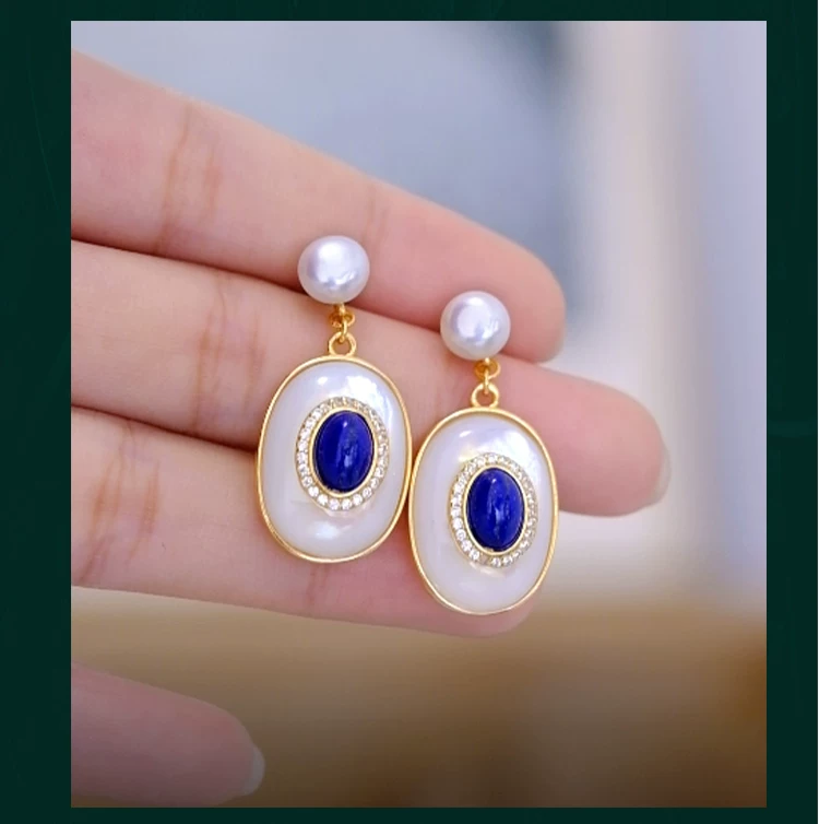 Natural Lapis Lazuli Ring Necklace Earrings S925 Sterling Silver Gold-Plated White Mother of Pearl Jewelry Set