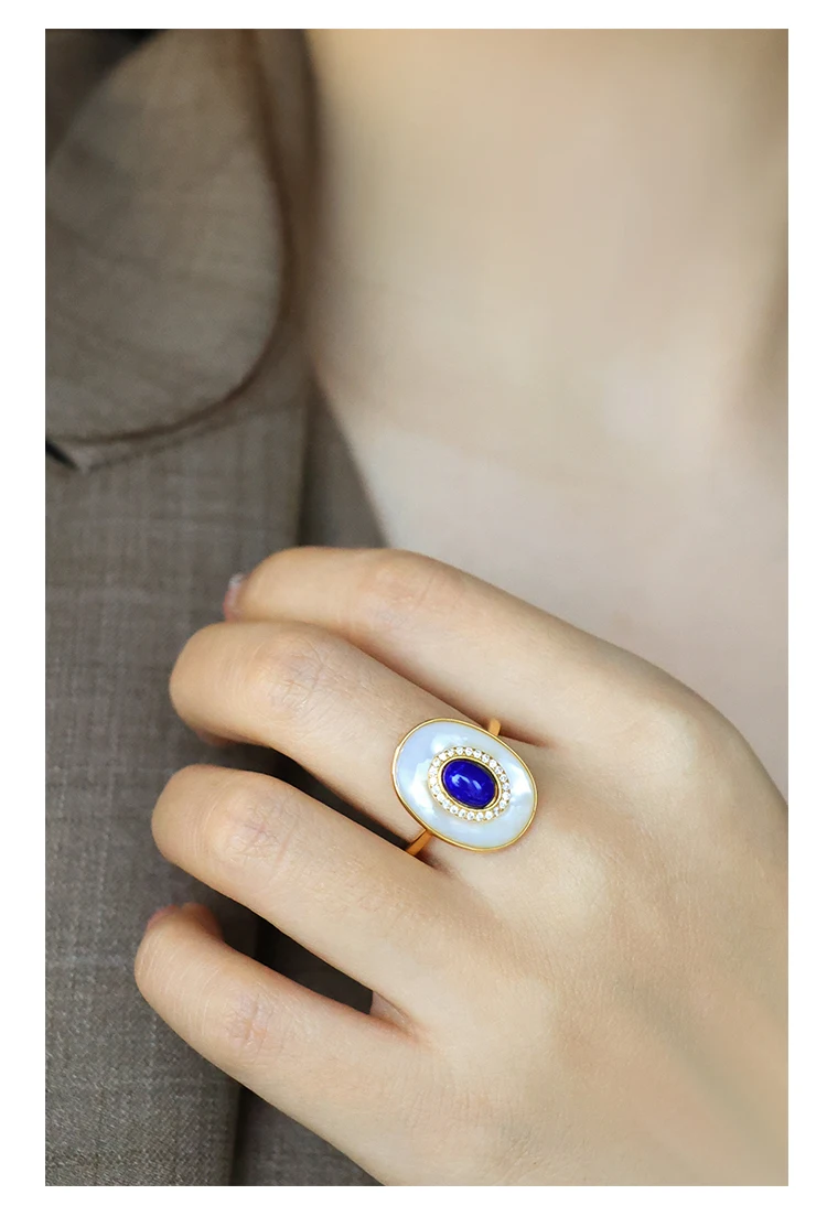 Natural Lapis Lazuli Ring Necklace Earrings S925 Sterling Silver Gold-Plated White Mother of Pearl Jewelry Set Natural Lapis Lazuli Ring Necklace Earrings S925 Sterling Silver Gold-Plated White Mother of Pearl Jewelry Set