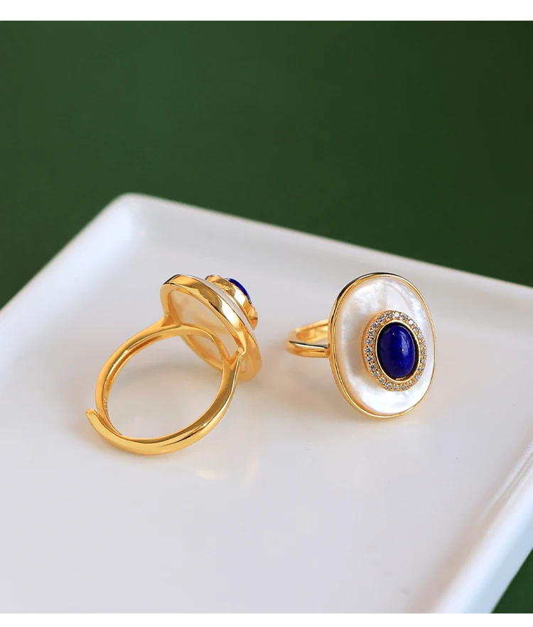 Natural Lapis Lazuli Ring Necklace Earrings S925 Sterling Silver Gold-Plated White Mother of Pearl Jewelry Set