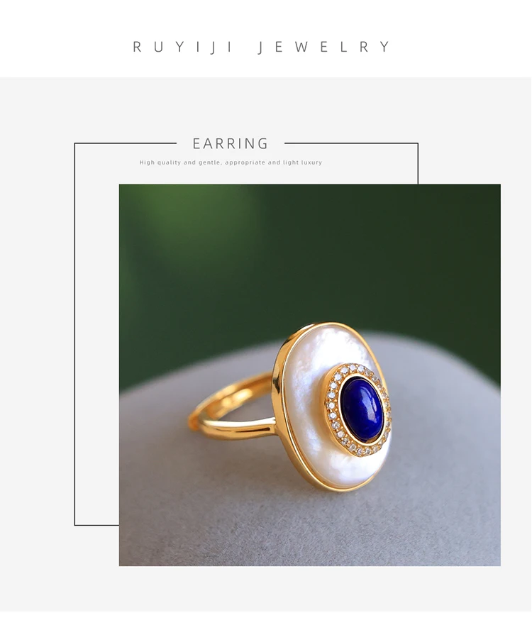 Natural Lapis Lazuli Ring Necklace Earrings S925 Sterling Silver Gold-Plated White Mother of Pearl Jewelry Set