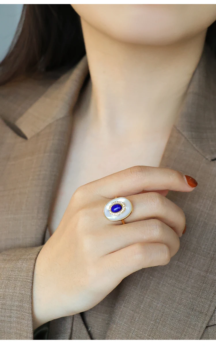 Natural Lapis Lazuli Ring Necklace Earrings S925 Sterling Silver Gold-Plated White Mother of Pearl Jewelry Set