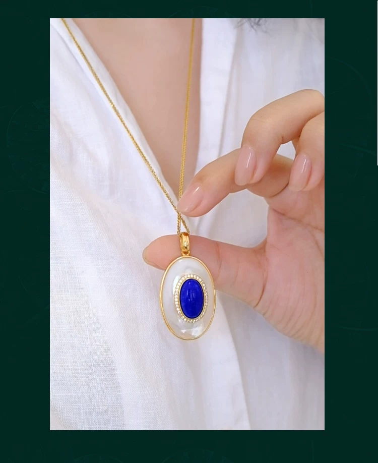 Natural Lapis Lazuli Ring Necklace Earrings S925 Sterling Silver Gold-Plated White Mother of Pearl Jewelry Set
