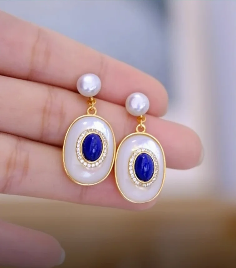 Natural Lapis Lazuli Ring Necklace Earrings S925 Sterling Silver Gold-Plated White Mother of Pearl Jewelry Set Natural Lapis Lazuli Ring Necklace Earrings S925 Sterling Silver Gold-Plated White Mother of Pearl Jewelry Set