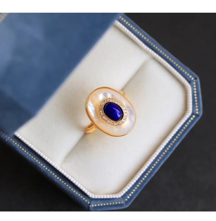 Natural Lapis Lazuli Ring Necklace Earrings S925 Sterling Silver Gold-Plated White Mother of Pearl Jewelry Set