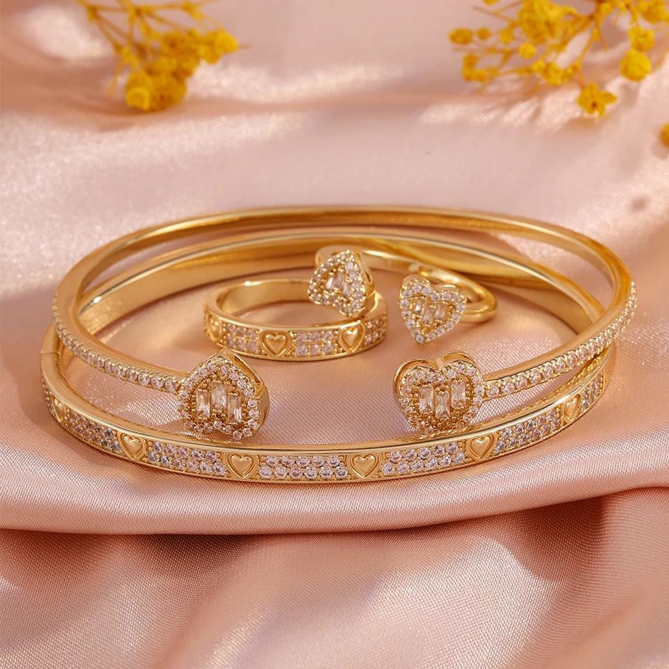 Yupsk 4pcs Fashion Heart Design Shiny Zircon Copper Bracelet Ring Set for Women Exquisite Gorgeous Wedding Party Jewelry Gift