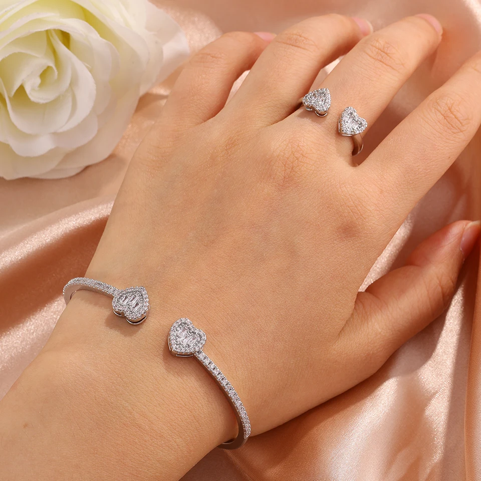 Yupsk 4pcs Fashion Heart Design Shiny Zircon Copper Bracelet Ring Set for Women Exquisite Gorgeous Wedding Party Jewelry Gift