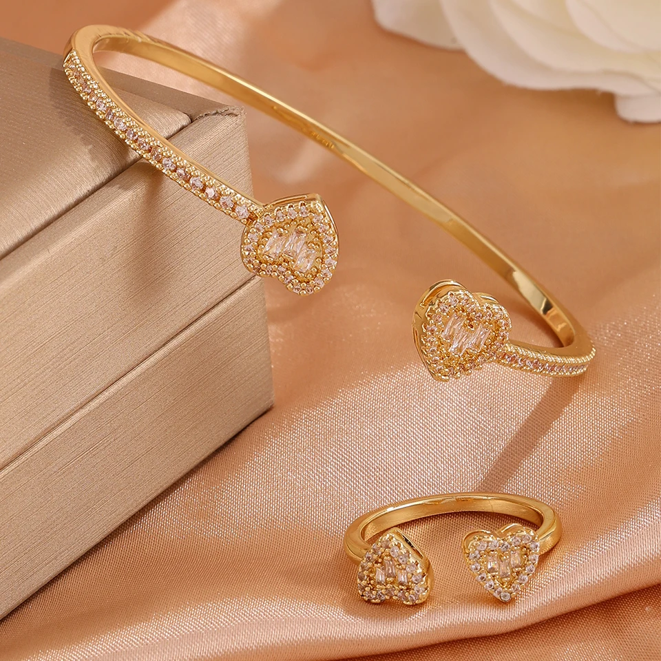 Yupsk 4pcs Fashion Heart Design Shiny Zircon Copper Bracelet Ring Set for Women Exquisite Gorgeous Wedding Party Jewelry Gift