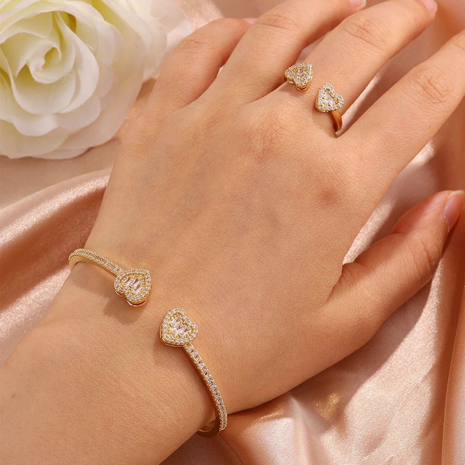 Yupsk 4pcs Fashion Heart Design Shiny Zircon Copper Bracelet Ring Set for Women Exquisite Gorgeous Wedding Party Jewelry Gift