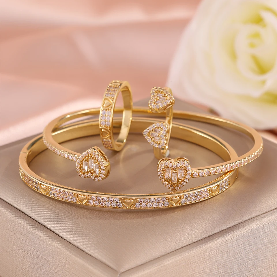 Yupsk 4pcs Fashion Heart Design Shiny Zircon Copper Bracelet Ring Set for Women Exquisite Gorgeous Wedding Party Jewelry Gift