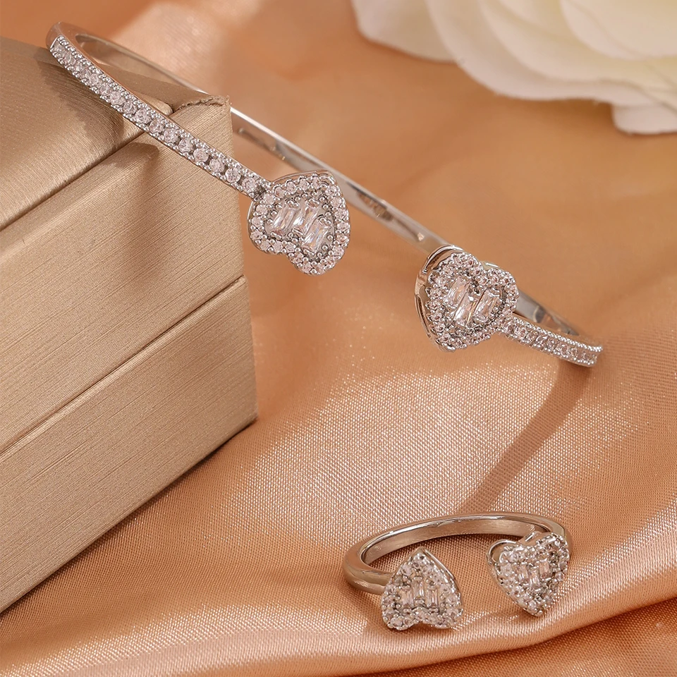 Yupsk 4pcs Fashion Heart Design Shiny Zircon Copper Bracelet Ring Set for Women Exquisite Gorgeous Wedding Party Jewelry Gift