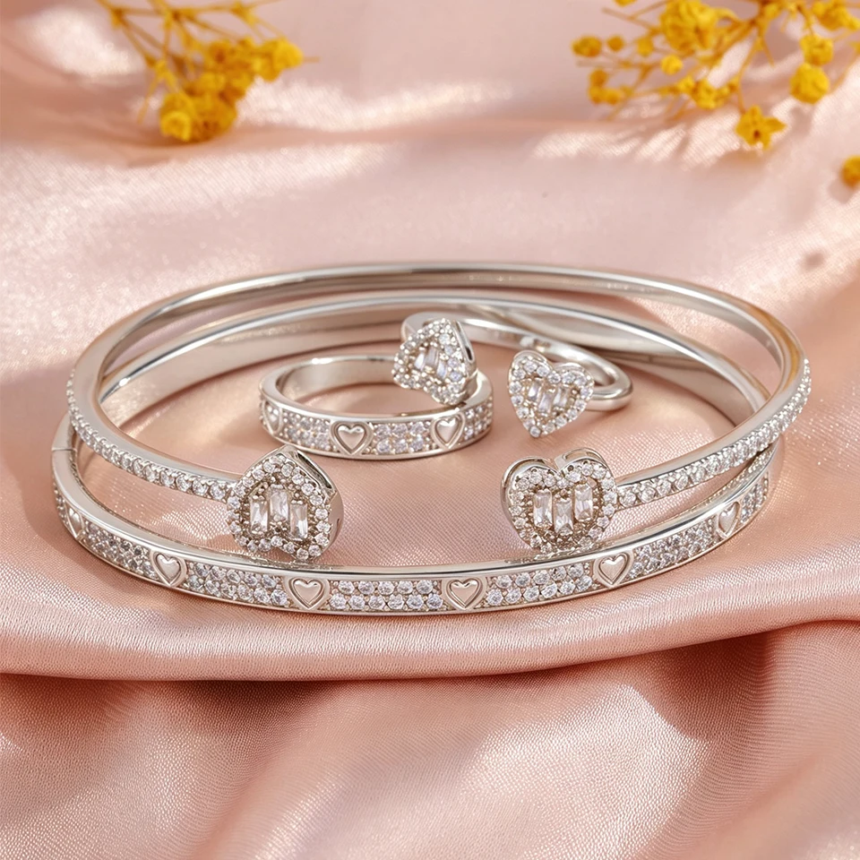 Yupsk 4pcs Fashion Heart Design Shiny Zircon Copper Bracelet Ring Set for Women Exquisite Gorgeous Wedding Party Jewelry Gift