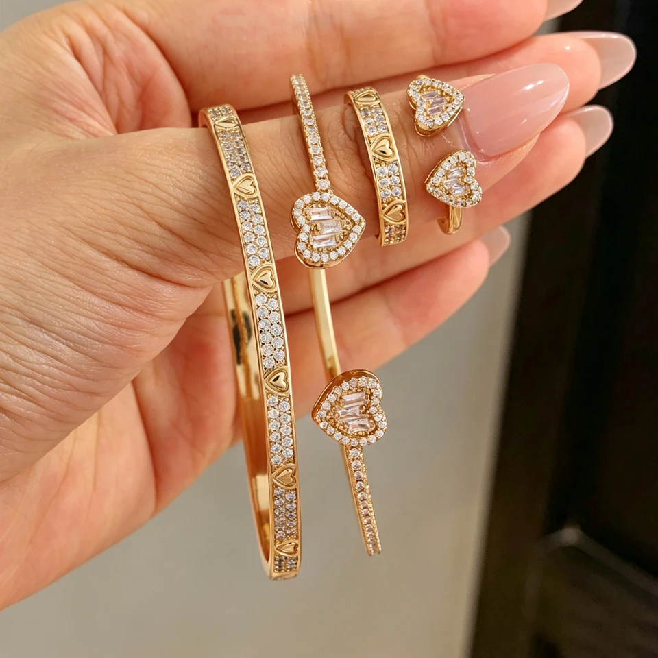 Yupsk 4pcs Fashion Heart Design Shiny Zircon Copper Bracelet Ring Set for Women Exquisite Gorgeous Wedding Party Jewelry Gift