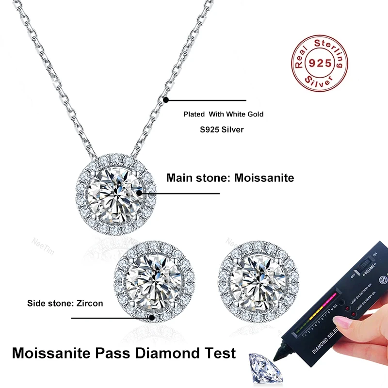NeeTim 1ct D Color VVS1 Moissanite Jewelry Set 925 Silver with White Gold Plated Pendant Necklace Stud Earrings Sets for Women