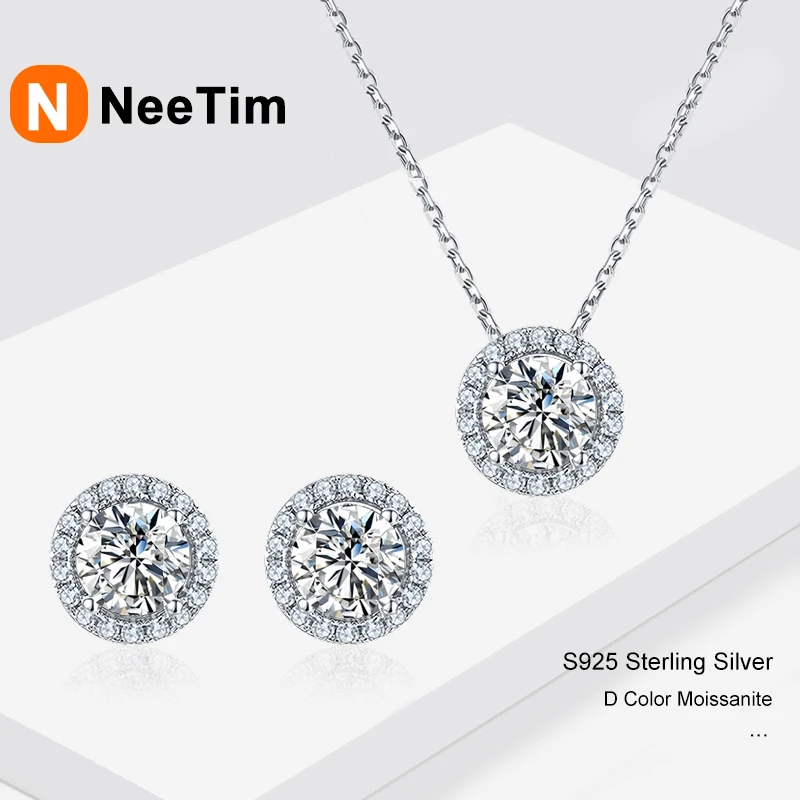 NeeTim 1ct D Color VVS1 Moissanite Jewelry Set 925 Silver with White Gold Plated Pendant Necklace Stud Earrings Sets for Women