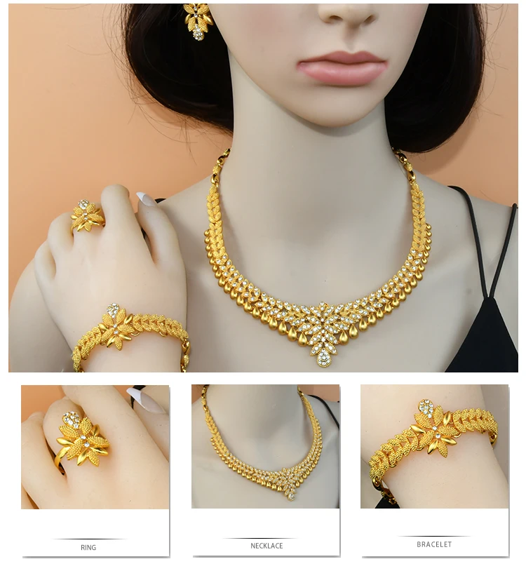 ANIID African Jewelry Set Big Necklace Dubai Ethiopian Gold Color Jewelery Earring Bracelet For Women Bridal Choker Wholesale