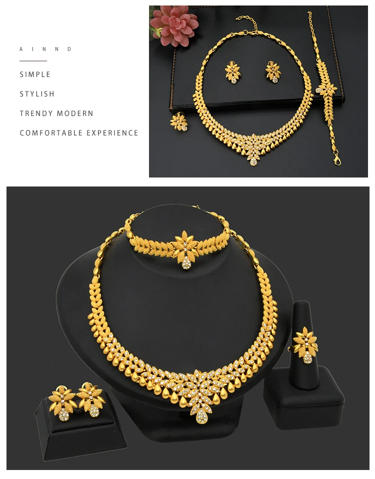 ANIID African Jewelry Set Big Necklace Dubai Ethiopian Gold Color Jewelery Earring Bracelet For Women Bridal Choker Wholesale