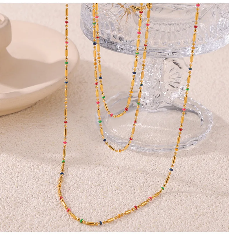 Stainless Steel Gold Plated Necklace Bracelet Anklet Set Fashion Colorful Enamel Beaded Chain Women's Waterproof Jewelry Gift