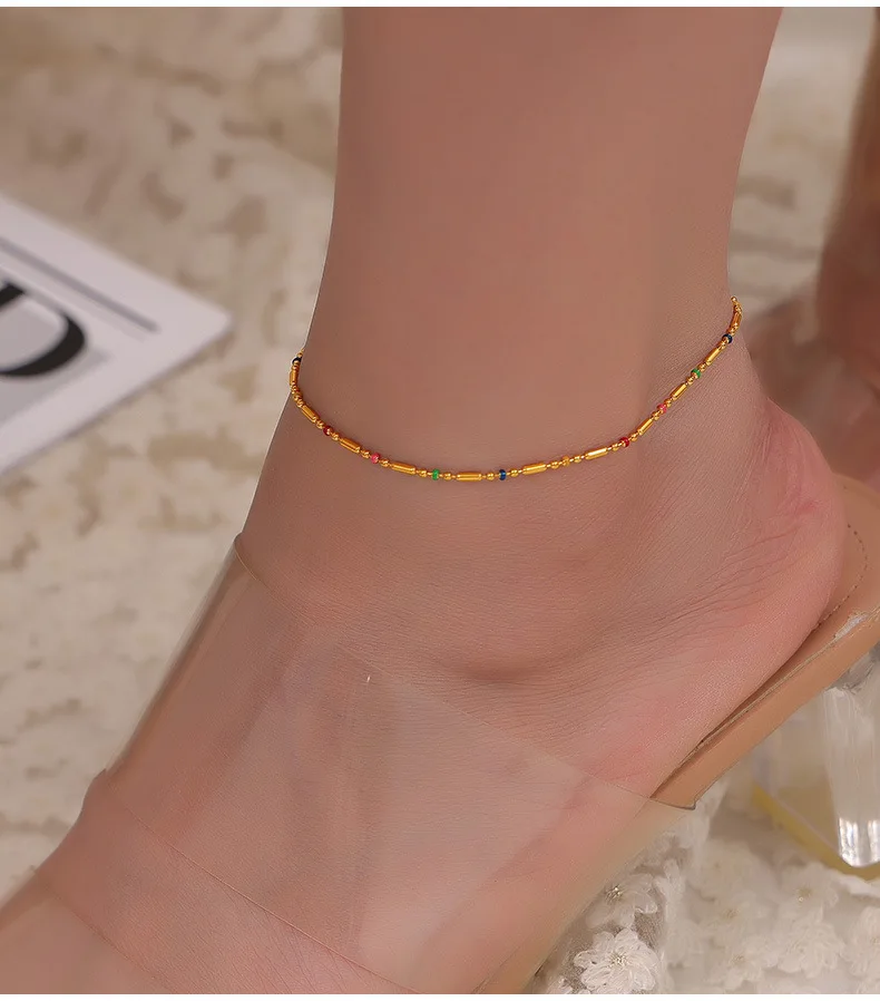 Stainless Steel Gold Plated Necklace Bracelet Anklet Set Fashion Colorful Enamel Beaded Chain Women's Waterproof Jewelry Gift