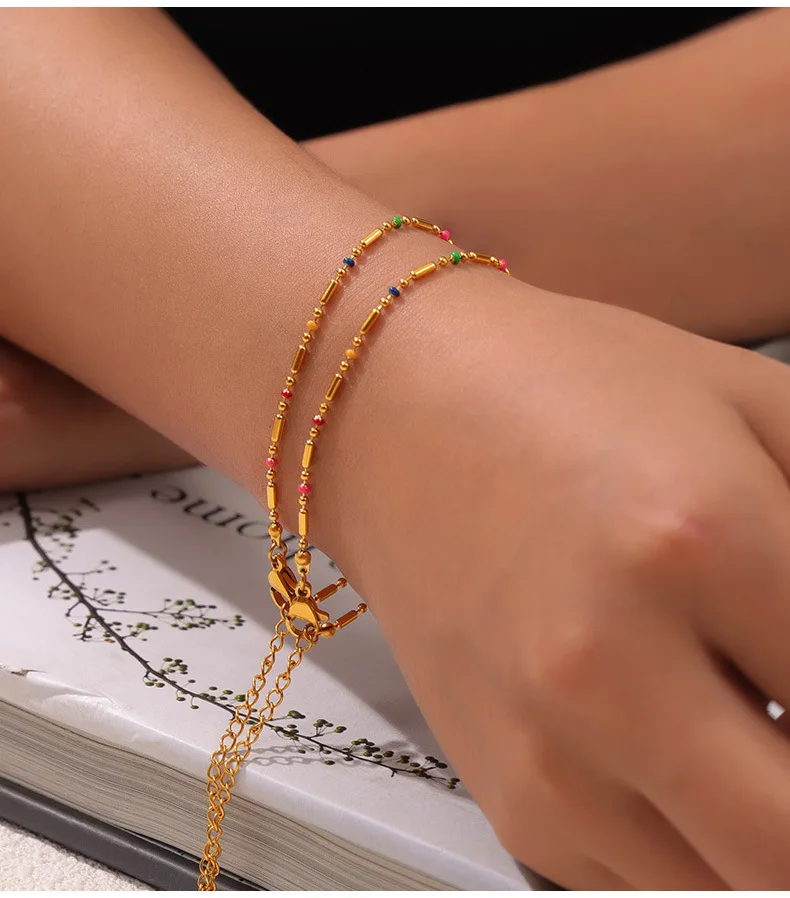 Stainless Steel Gold Plated Necklace Bracelet Anklet Set Fashion Colorful Enamel Beaded Chain Women's Waterproof Jewelry Gift