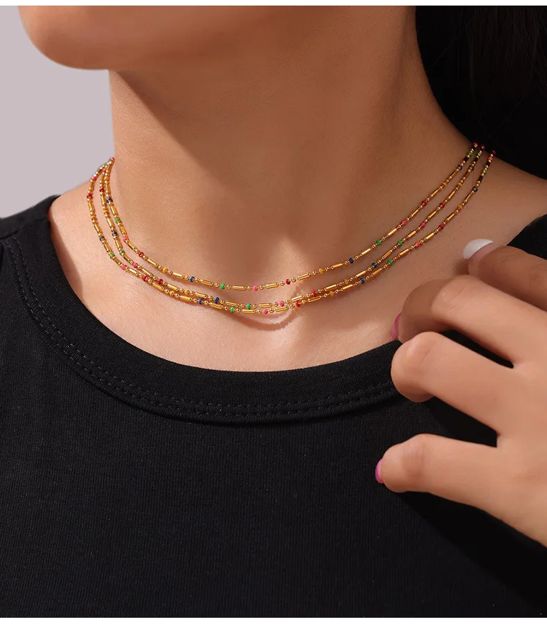 Stainless Steel Gold Plated Necklace Bracelet Anklet Set Fashion Colorful Enamel Beaded Chain Women's Waterproof Jewelry Gift