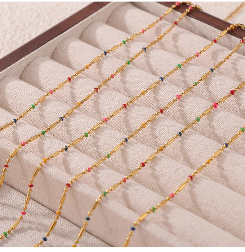 Stainless Steel Gold Plated Necklace Bracelet Anklet Set Fashion Colorful Enamel Beaded Chain Women's Waterproof Jewelry Gift