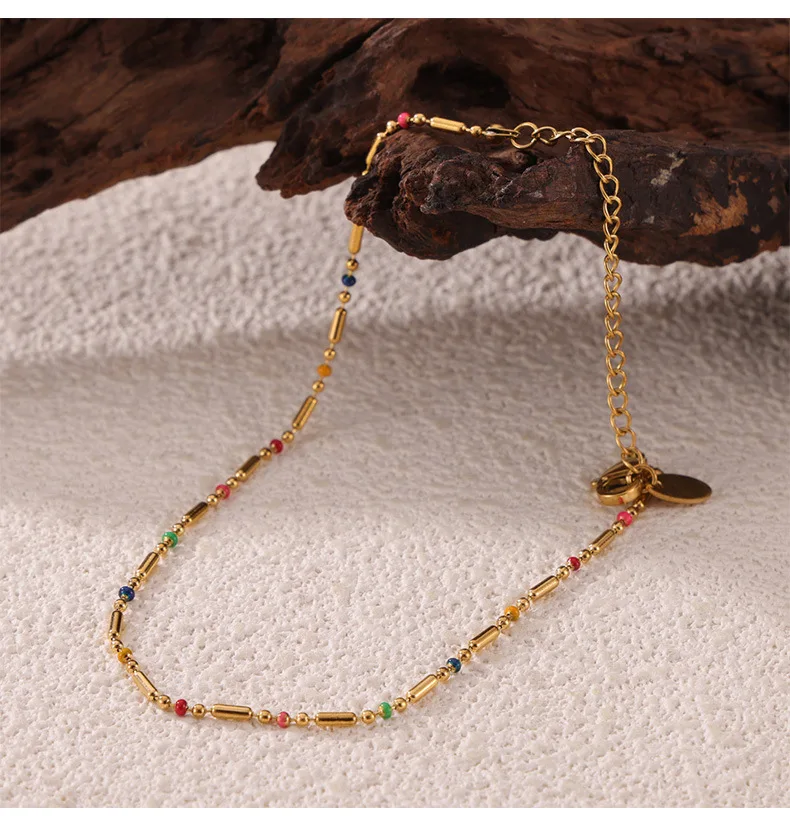 Stainless Steel Gold Plated Necklace Bracelet Anklet Set Fashion Colorful Enamel Beaded Chain Women's Waterproof Jewelry Gift