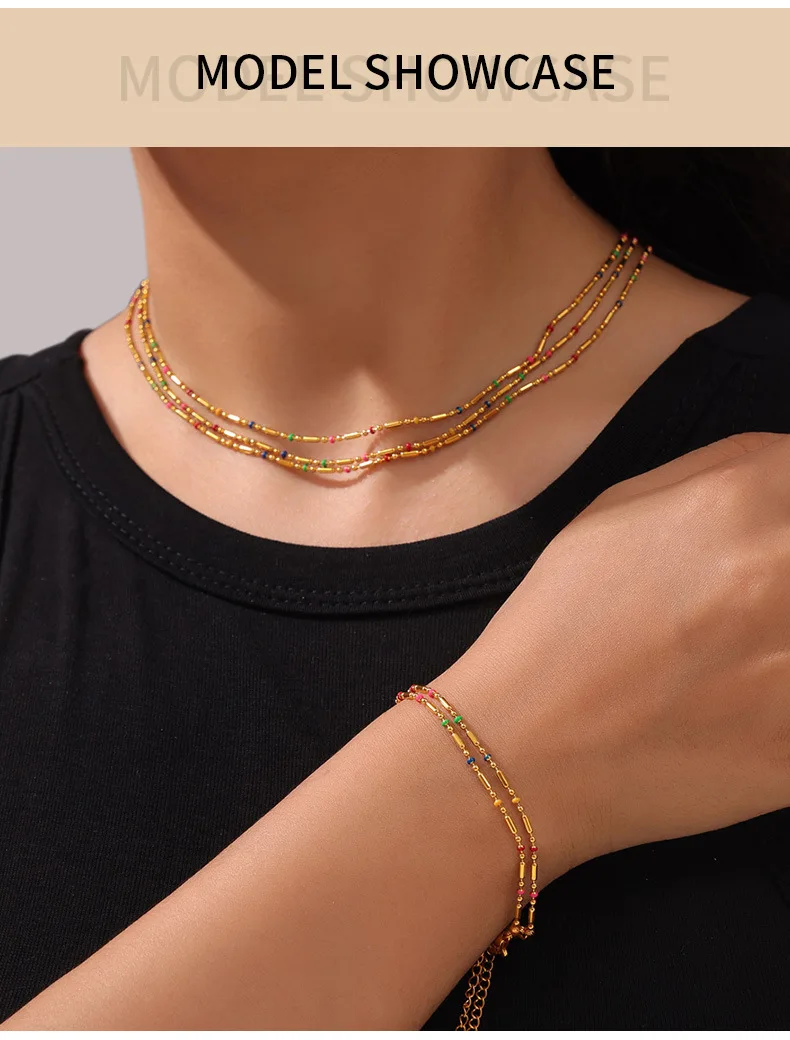 Stainless Steel Gold Plated Necklace Bracelet Anklet Set Fashion Colorful Enamel Beaded Chain Women's Waterproof Jewelry Gift