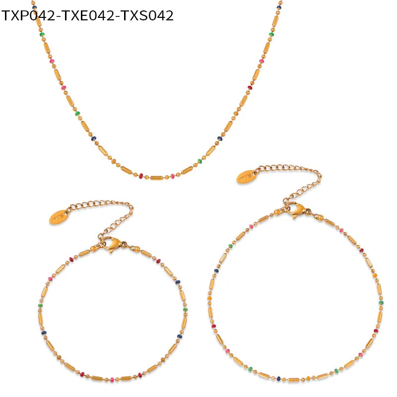Stainless Steel Gold Plated Necklace Bracelet Anklet Set Fashion Colorful Enamel Beaded Chain Women's Waterproof Jewelry Gift