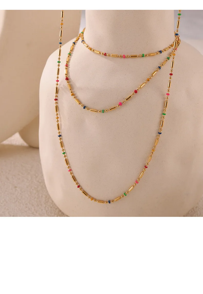 Stainless Steel Gold Plated Necklace Bracelet Anklet Set Fashion Colorful Enamel Beaded Chain Women's Waterproof Jewelry Gift