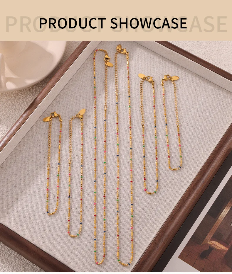 Stainless Steel Gold Plated Necklace Bracelet Anklet Set Fashion Colorful Enamel Beaded Chain Women's Waterproof Jewelry Gift