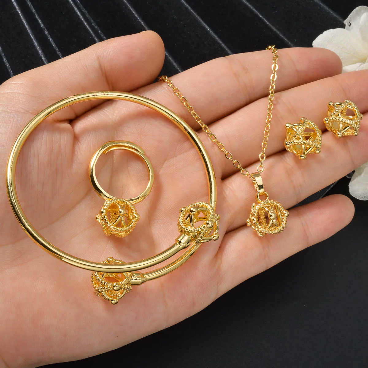Diana Baby Bohemia 4pcs Luxury Dubai Earrings Gold Plated Bracelet Necklace Wedding Bride Ring Jewelry Sets For Women Gift