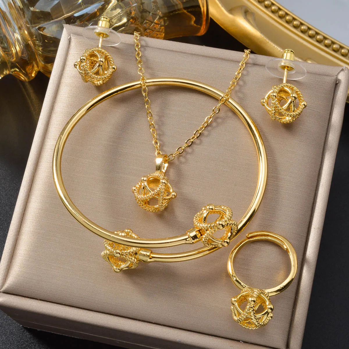 Diana Baby Bohemia 4pcs Luxury Dubai Earrings Gold Plated Bracelet Necklace Wedding Bride Ring Jewelry Sets For Women Gift