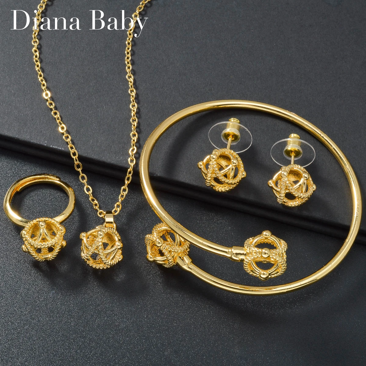 Diana Baby Bohemia 4pcs Luxury Dubai Earrings Gold Plated Bracelet Necklace Wedding Bride Ring Jewelry Sets For Women Gift