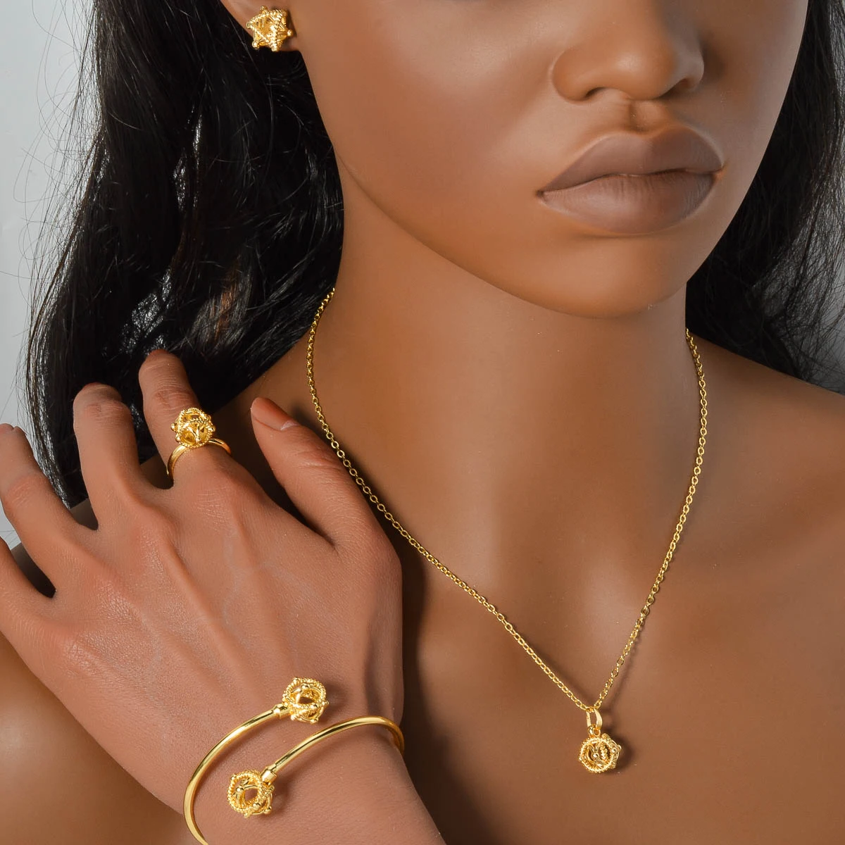 Diana Baby Bohemia 4pcs Luxury Dubai Earrings Gold Plated Bracelet Necklace Wedding Bride Ring Jewelry Sets For Women Gift