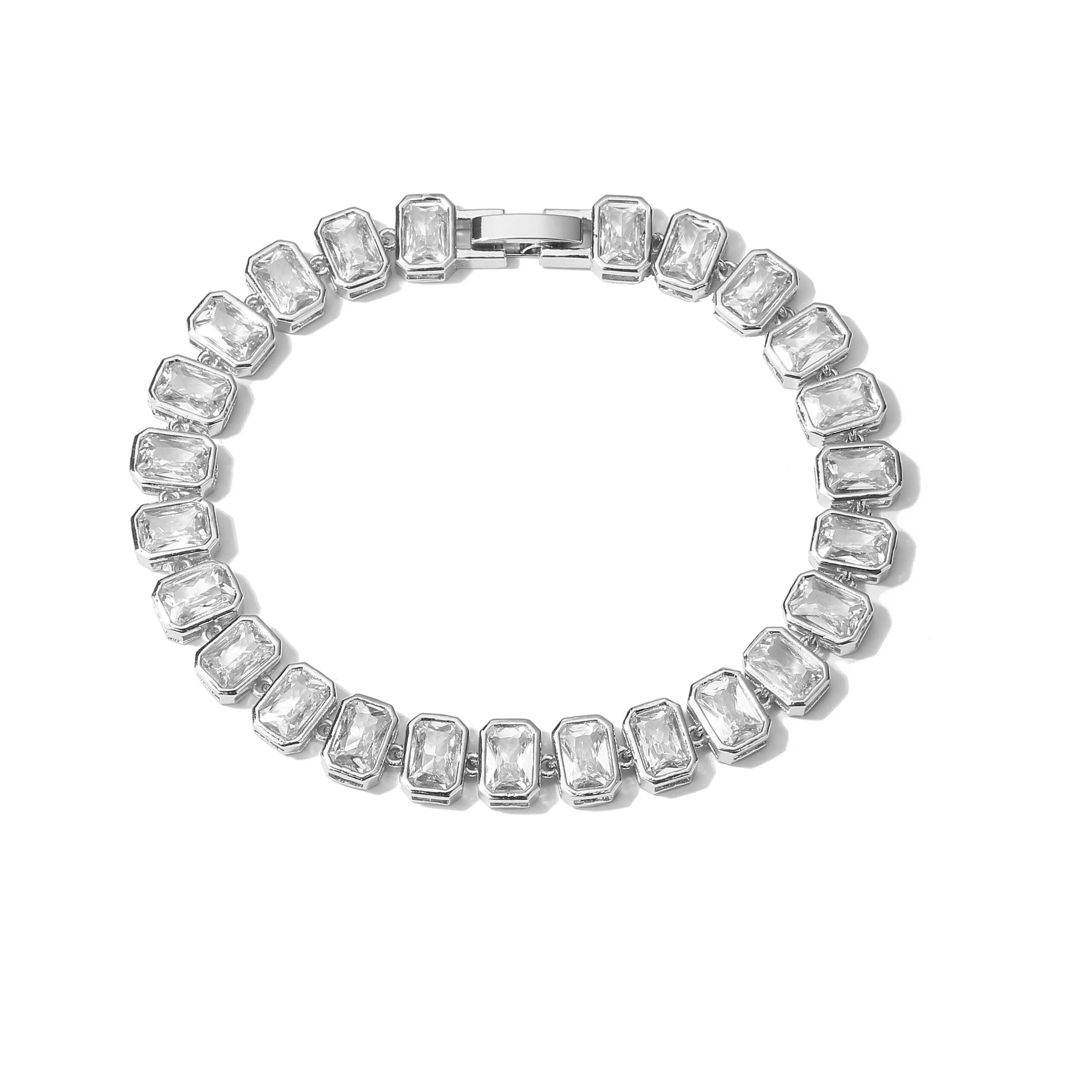 HECHENG,18K Gold Plated Luxury Jewelry Rectangular CZ Crystal Necklace Earrings Bracelet Jewelry Set, Suitable for Women's Gifts