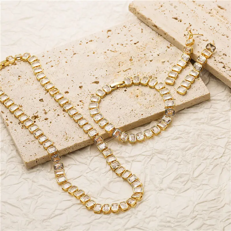 HECHENG,18K Gold Plated Luxury Jewelry Rectangular CZ Crystal Necklace Earrings Bracelet Jewelry Set, Suitable for Women's Gifts