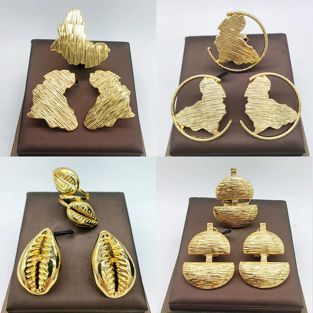 Dubai Golden Jewelry Set 18K Gold Plated Earrings and Ring for Women Wedding Bride Gift Arabic Nigerian Jewellery Accessories