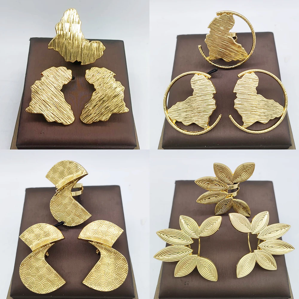Dubai Golden Jewelry Set 18K Gold Plated Earrings and Ring for Women Wedding Bride Gift Arabic Nigerian Jewellery Accessories
