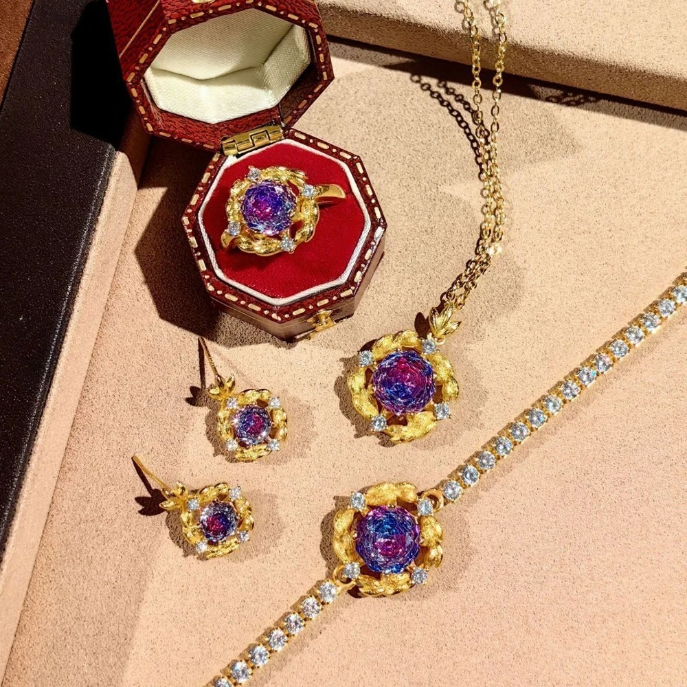 Vintage Elegant 925 Sterling Silver Millennium Rose Cut High Carbon Diamond Flower Design Brushed Craft Women's Jewelry Set