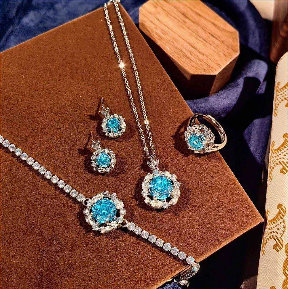 Vintage Elegant 925 Sterling Silver Millennium Rose Cut High Carbon Diamond Flower Design Brushed Craft Women's Jewelry Set