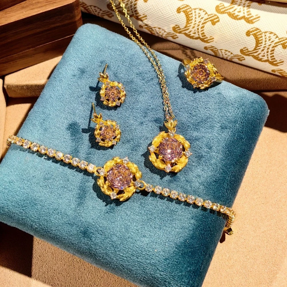 Vintage Elegant 925 Sterling Silver Millennium Rose Cut High Carbon Diamond Flower Design Brushed Craft Women's Jewelry Set