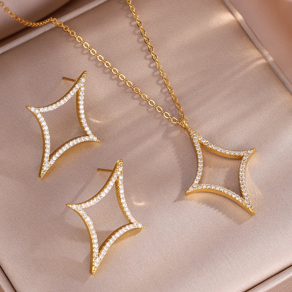ZAKOL 4Pcs/1Pcs Creative Four Pointed Star Shiny Zircon Earring Necklace Bracelet for Women Hollow Geometric Party Jewelry