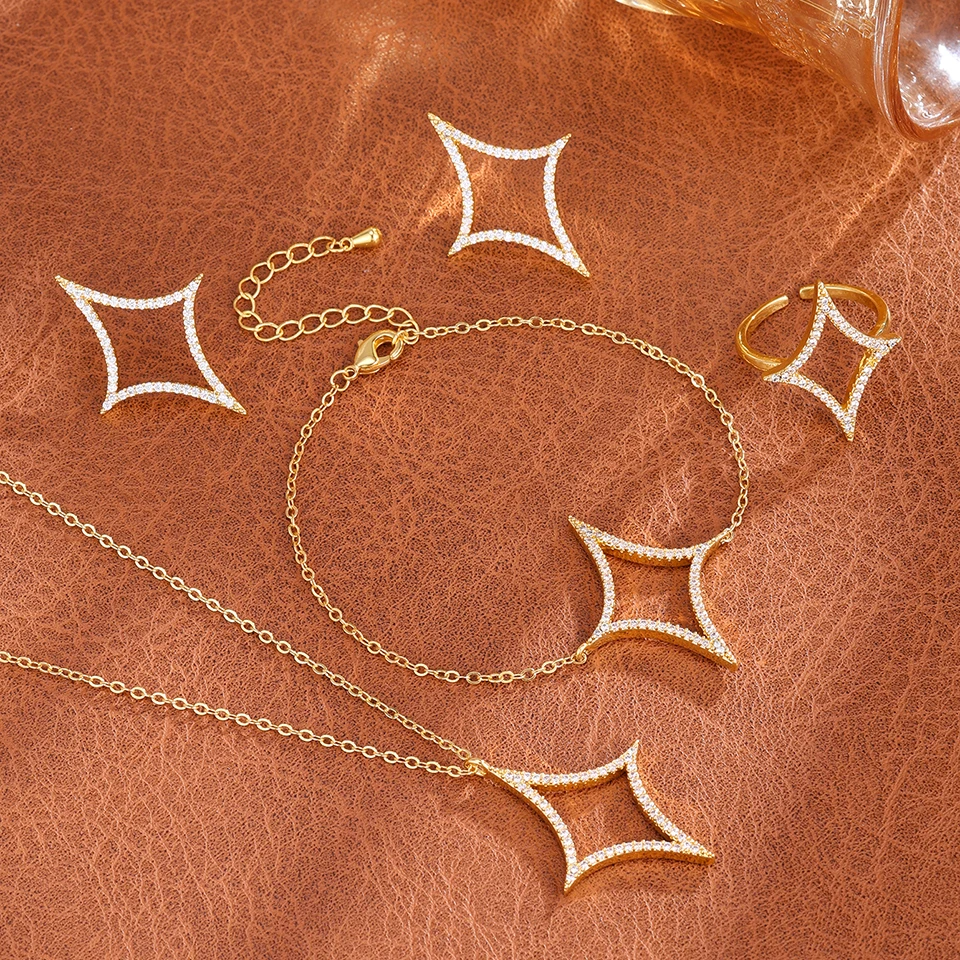 ZAKOL 4Pcs/1Pcs Creative Four Pointed Star Shiny Zircon Earring Necklace Bracelet for Women Hollow Geometric Party Jewelry