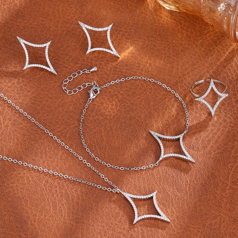 ZAKOL 4Pcs/1Pcs Creative Four Pointed Star Shiny Zircon Earring Necklace Bracelet for Women Hollow Geometric Party Jewelry