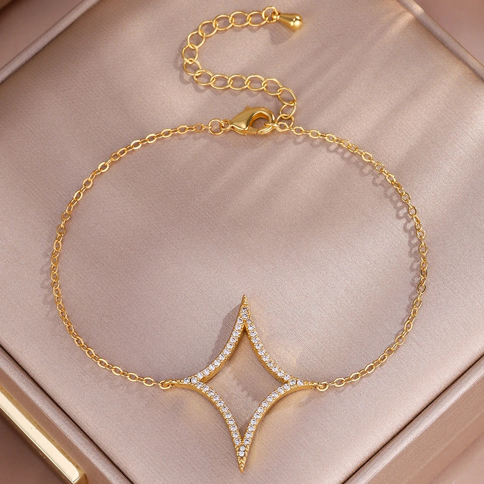 ZAKOL 4Pcs/1Pcs Creative Four Pointed Star Shiny Zircon Earring Necklace Bracelet for Women Hollow Geometric Party Jewelry