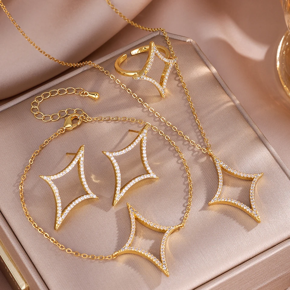 ZAKOL 4Pcs/1Pcs Creative Four Pointed Star Shiny Zircon Earring Necklace Bracelet for Women Hollow Geometric Party Jewelry