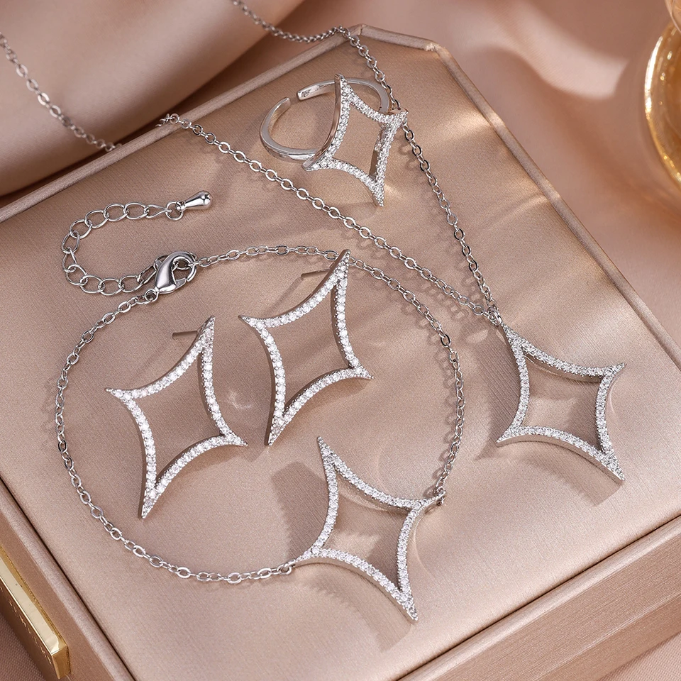 ZAKOL 4Pcs/1Pcs Creative Four Pointed Star Shiny Zircon Earring Necklace Bracelet for Women Hollow Geometric Party Jewelry