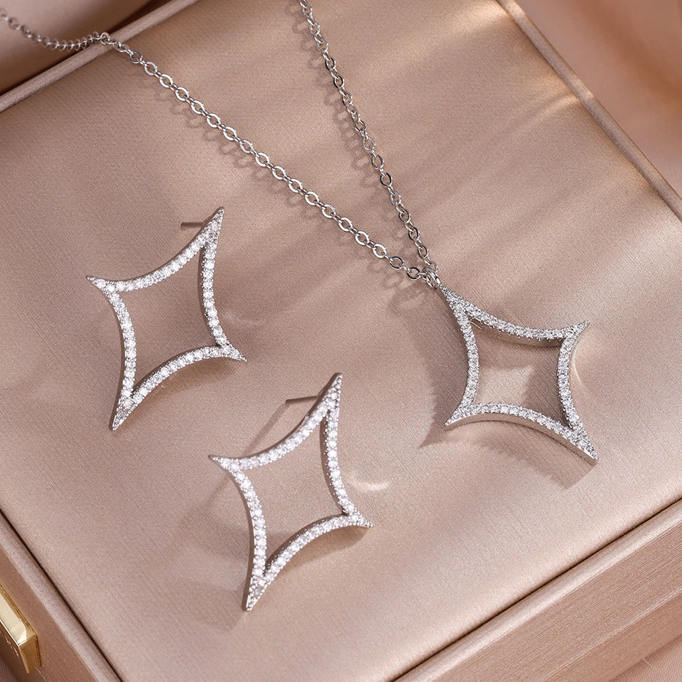 ZAKOL 4Pcs/1Pcs Creative Four Pointed Star Shiny Zircon Earring Necklace Bracelet for Women Hollow Geometric Party Jewelry
