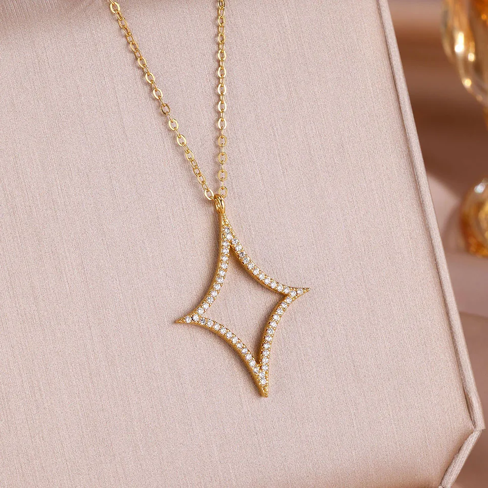 ZAKOL 4Pcs/1Pcs Creative Four Pointed Star Shiny Zircon Earring Necklace Bracelet for Women Hollow Geometric Party Jewelry