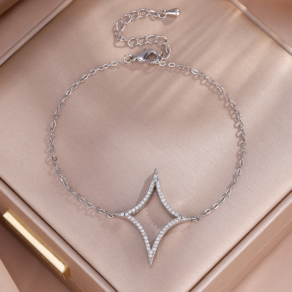 ZAKOL 4Pcs/1Pcs Creative Four Pointed Star Shiny Zircon Earring Necklace Bracelet for Women Hollow Geometric Party Jewelry